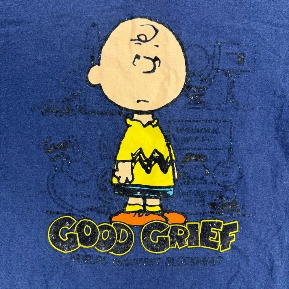 Vintage Peanuts Charlie Brown Good Grief M&O Knits T-Shirt Tee Mens M Navy Blue